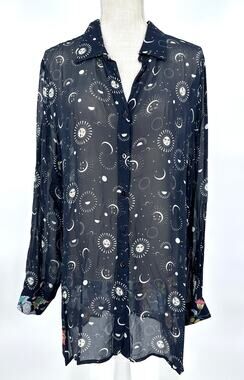 Johnny Was Amaranta Navy Celestial Sun Moon Sheer Button Blouse Size L